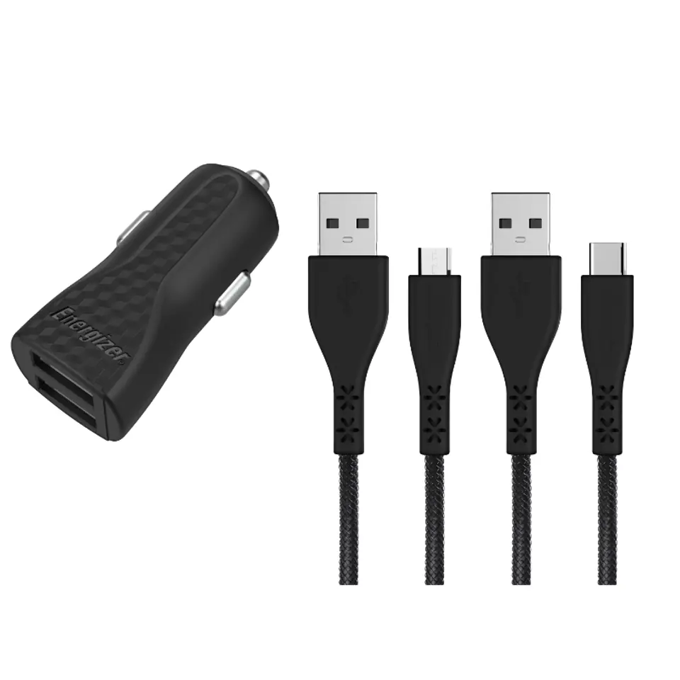 ⁨Energizer HardCase - Ładowarka samochodowa 2x USB-A 2.4A + Kabel USB-C & Micro USB (Czarny)⁩ w sklepie Wasserman.eu