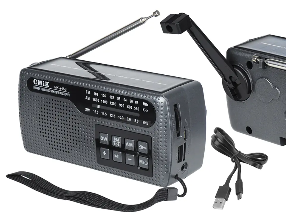 ⁨1 szt. Radio prznośne campingowe MK-245S z panelem solarnym , korbką,wyświetlacz,USB,MicroSD,AUX ,latarka⁩ w sklepie Wasserman.eu