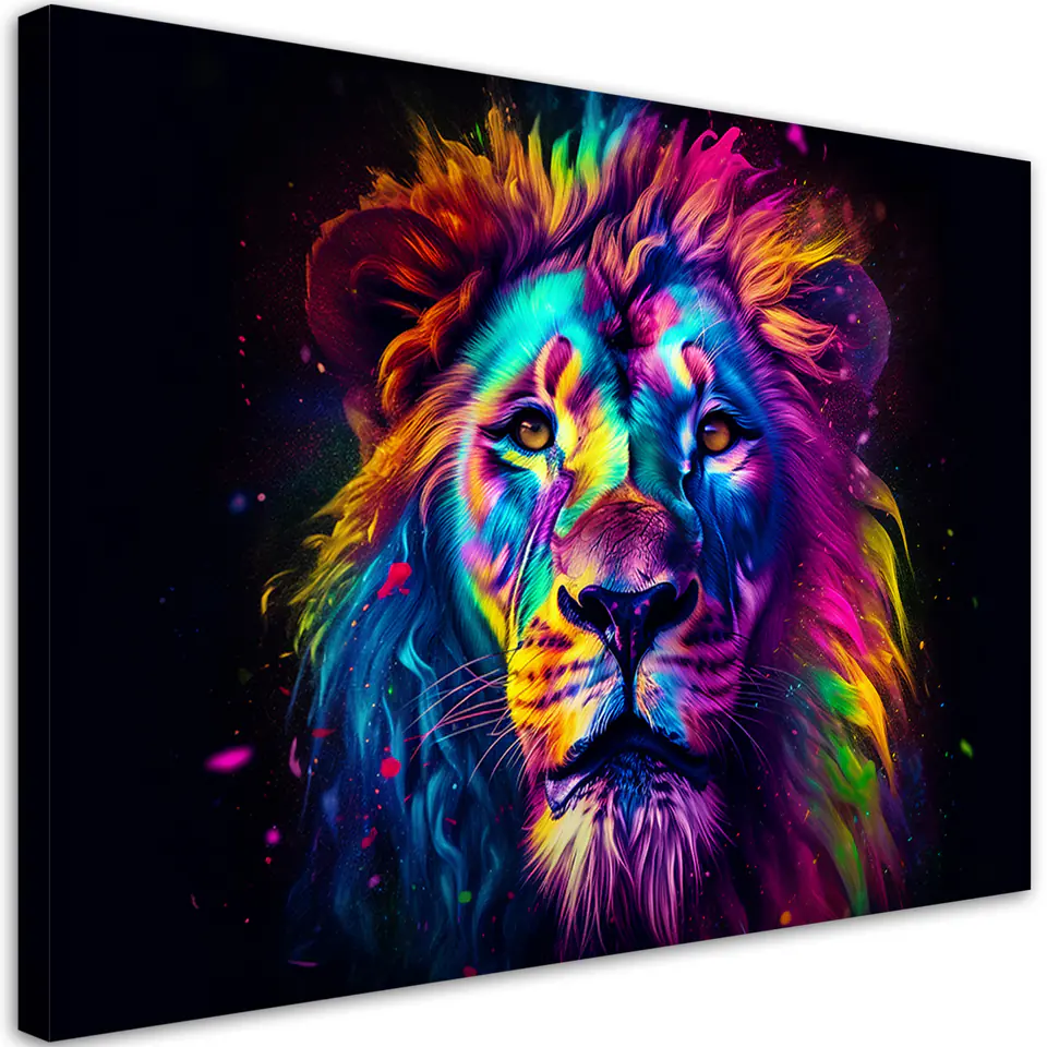 ⁨Obraz na płótnie, Kolorowy Neonowy Portret Lwa Ai (Rozmiar 60x40)⁩ w sklepie Wasserman.eu