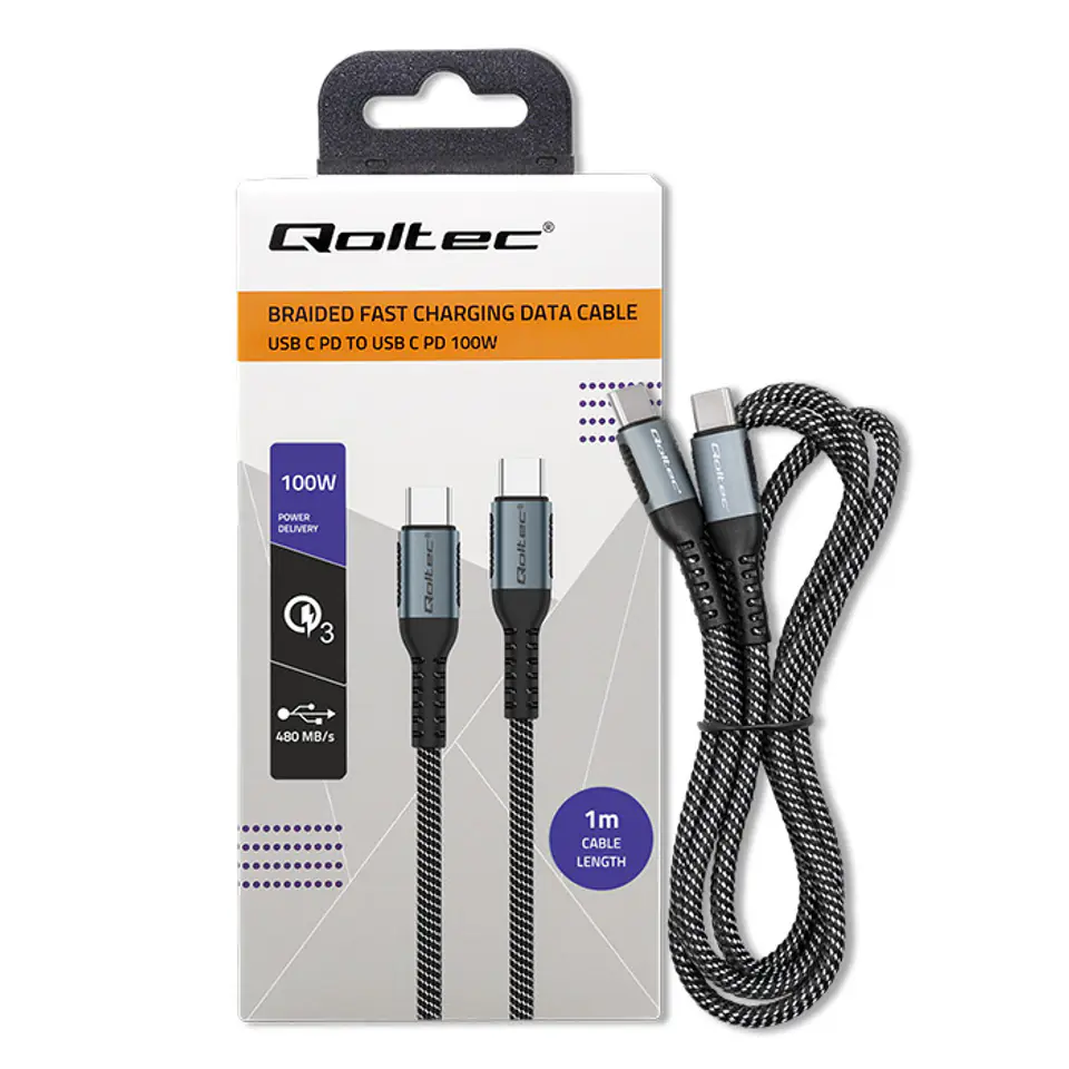 ⁨Qoltec Kabel USB 2.0 typ C  USB 2.0 typ C 100W QC 3.0  PD 1m Czarny⁩ w sklepie Wasserman.eu