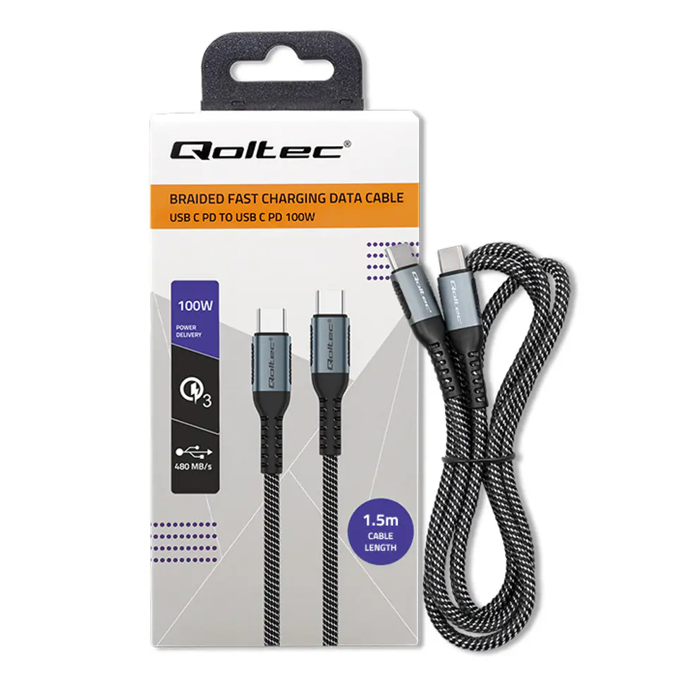 ⁨Qoltec Kabel USB 2.0 typ C  USB 2.0 typ C 100W QC 3.0  PD 1.5m Czarny⁩ w sklepie Wasserman.eu