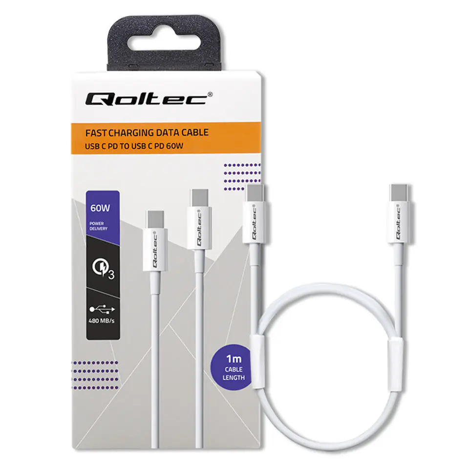 ⁨Qoltec Kabel USB 2.0 typ C  USB 2.0 typ C 60W QC 3.0  PD 1m Biały⁩ w sklepie Wasserman.eu