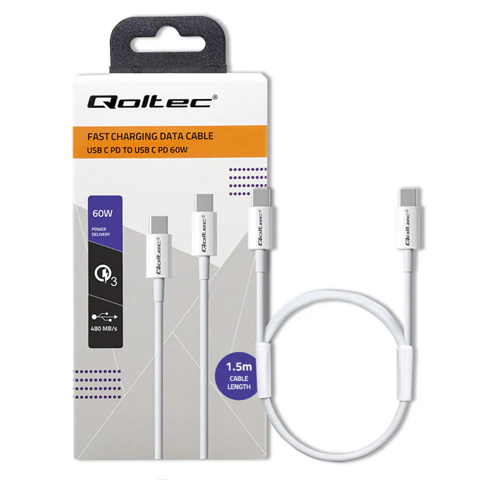⁨Qoltec Kabel USB 2.0 typ C  USB 2.0 typ C 60W QC 3.0  PD 1.5m Biały⁩ w sklepie Wasserman.eu