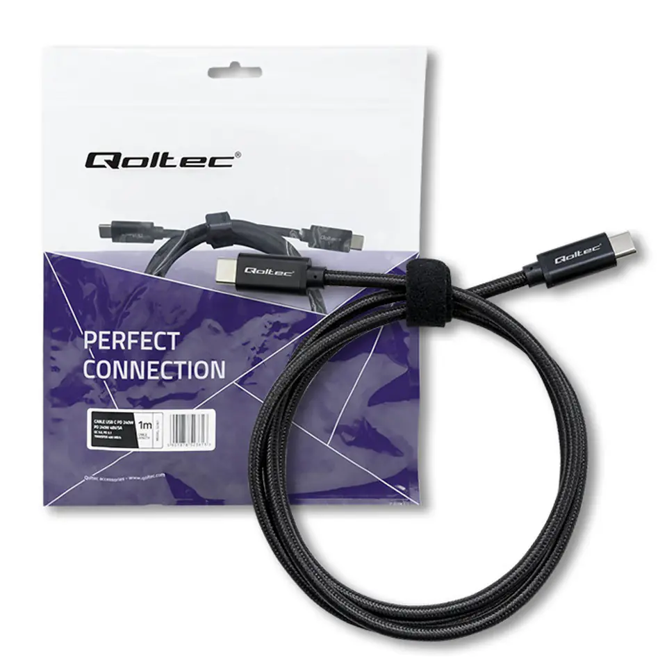 ⁨Qoltec Kabel USB 2.0 typ C  USB 2.0 typ C 240W QC 5.0  PD 1m Czarny⁩ w sklepie Wasserman.eu