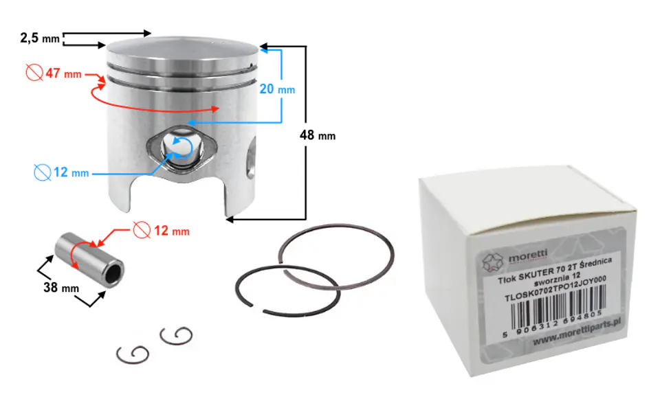 ⁨Tłok 70cc Skuter 2T, śr:47 sw:12 c:27, komplet⁩ w sklepie Wasserman.eu