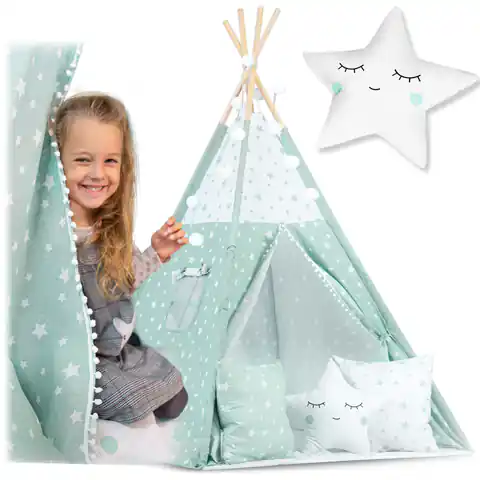 ⁨Namiot tipi dla dzieci ze światełkami - miętowe w gwiazdki⁩ w sklepie Wasserman.eu