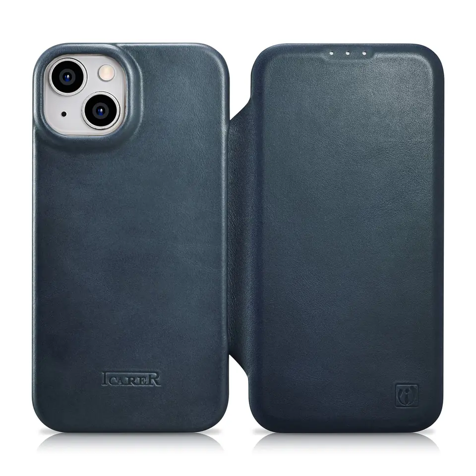 ⁨iCarer CE Oil Wax Premium Leather Folio Case skórzane etui iPhone 14 Plus z klapką magnetyczne MagSafe niebieski (AKI14220707-BU)⁩ w sklepie Wasserman.eu