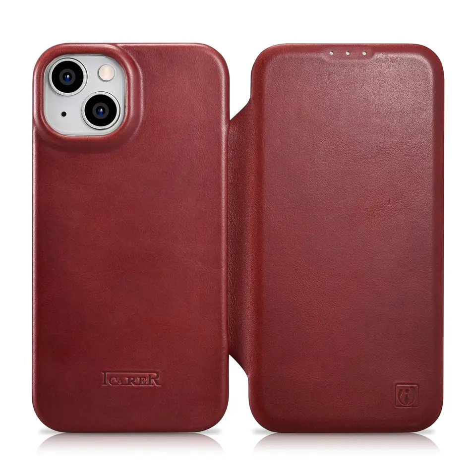 ⁨iCarer CE Oil Wax Premium Leather Folio Case skórzane etui iPhone 14 Plus z klapką magnetyczne MagSafe czerwony (AKI14220707-RD)⁩ w sklepie Wasserman.eu