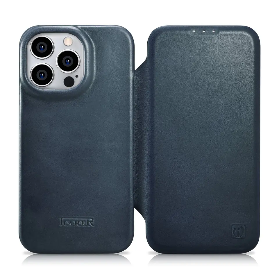⁨iCarer CE Oil Wax Premium Leather Folio Case skórzane etui iPhone 14 Pro z klapką magnetyczne MagSafe niebieski (AKI14220706-BU)⁩ w sklepie Wasserman.eu
