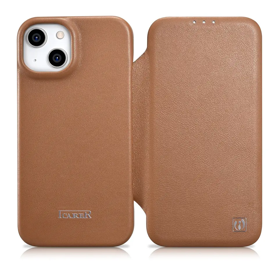 ⁨iCarer CE Premium Leather Folio Case skórzane etui iPhone 14 z klapką magnetyczne MagSafe brązowy (WMI14220713-BN)⁩ w sklepie Wasserman.eu