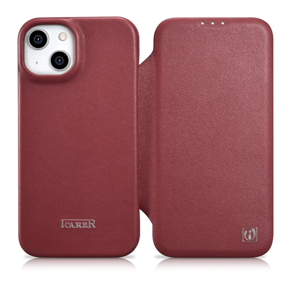 ⁨iCarer CE Premium Leather Folio Case skórzane etui iPhone 14 Plus z klapką magnetyczne MagSafe czerwony (WMI14220715-RD)⁩ w sklepie Wasserman.eu