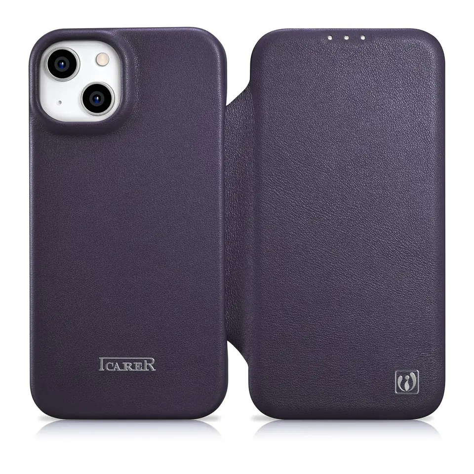 ⁨iCarer CE Premium Leather Folio Case skórzane etui iPhone 14 Plus z klapką magnetyczne MagSafe ciemnofioletowy (WMI14220715-DP)⁩ w sklepie Wasserman.eu
