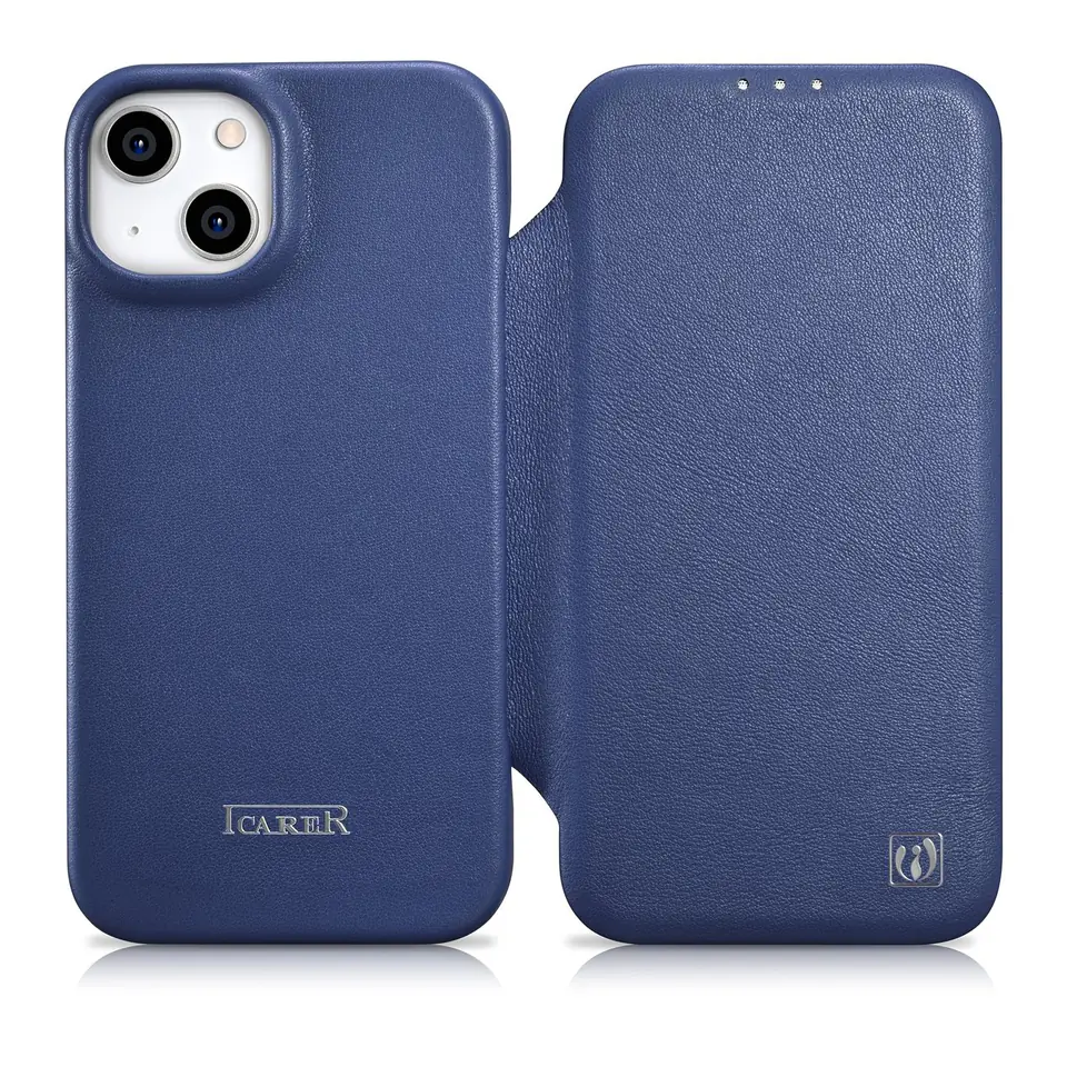 ⁨iCarer CE Premium Leather Folio Case skórzane etui iPhone 14 Plus z klapką magnetyczne MagSafe niebieski (WMI14220715-BU)⁩ w sklepie Wasserman.eu