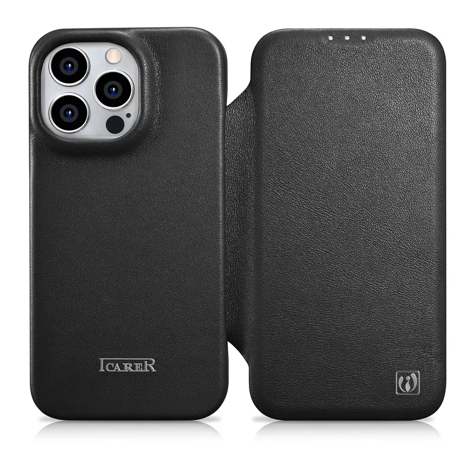 ⁨iCarer CE Premium Leather Folio Case skórzane etui iPhone 14 Pro z klapką magnetyczne MagSafe czarny (WMI14220714-BK)⁩ w sklepie Wasserman.eu