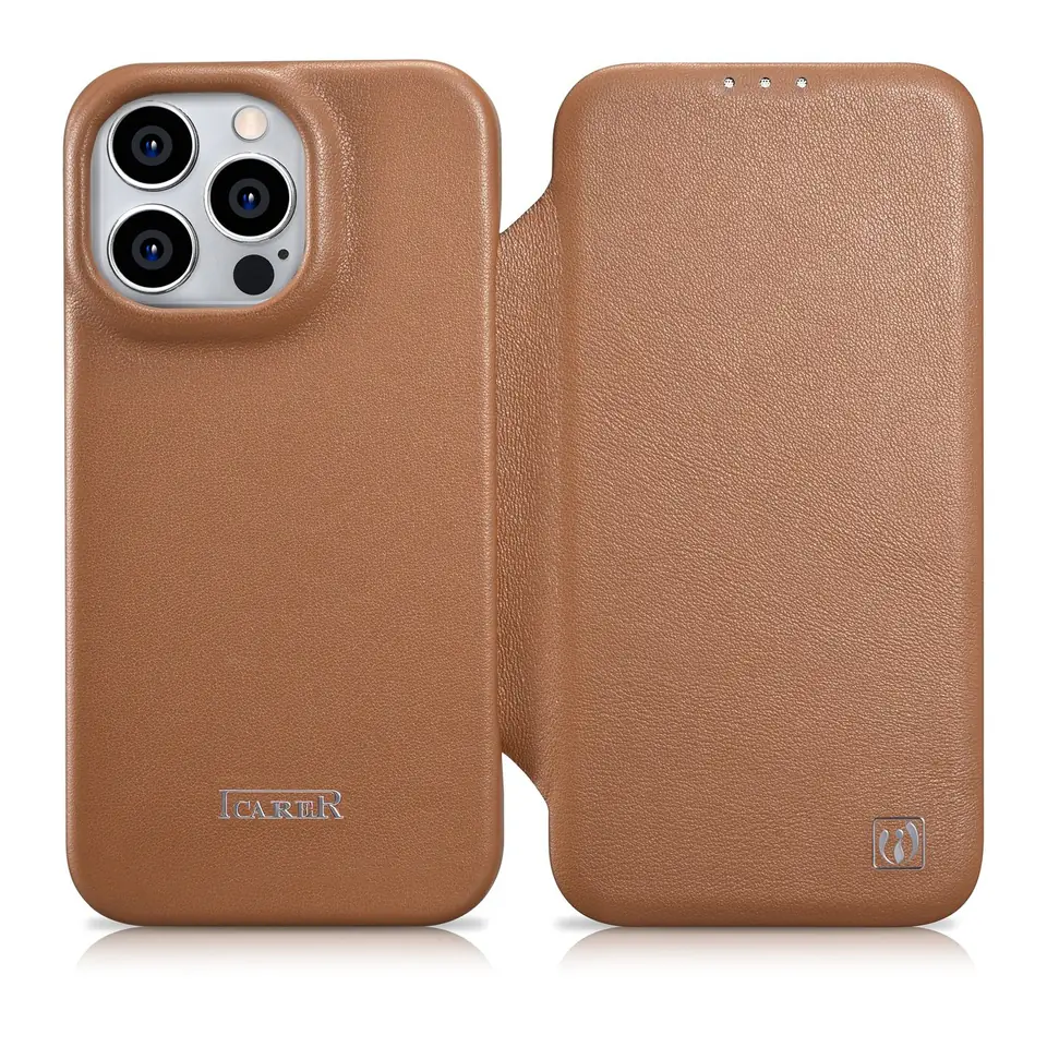 ⁨iCarer CE Premium Leather Folio Case skórzane etui iPhone 14 Pro z klapką magnetyczne MagSafe brązowy (WMI14220714-BN)⁩ w sklepie Wasserman.eu