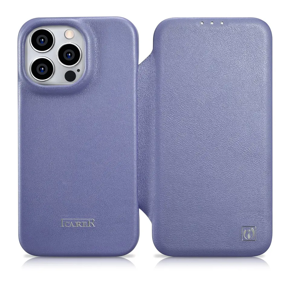 ⁨iCarer CE Premium Leather Folio Case skórzane etui iPhone 14 Pro z klapką magnetyczne MagSafe jasnofioletowy (WMI14220714-LP)⁩ w sklepie Wasserman.eu