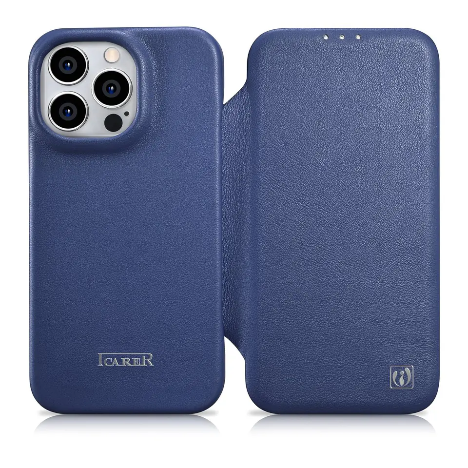 ⁨iCarer CE Premium Leather Folio Case skórzane etui iPhone 14 Pro z klapką magnetyczne MagSafe niebieski (WMI14220714-BU)⁩ w sklepie Wasserman.eu