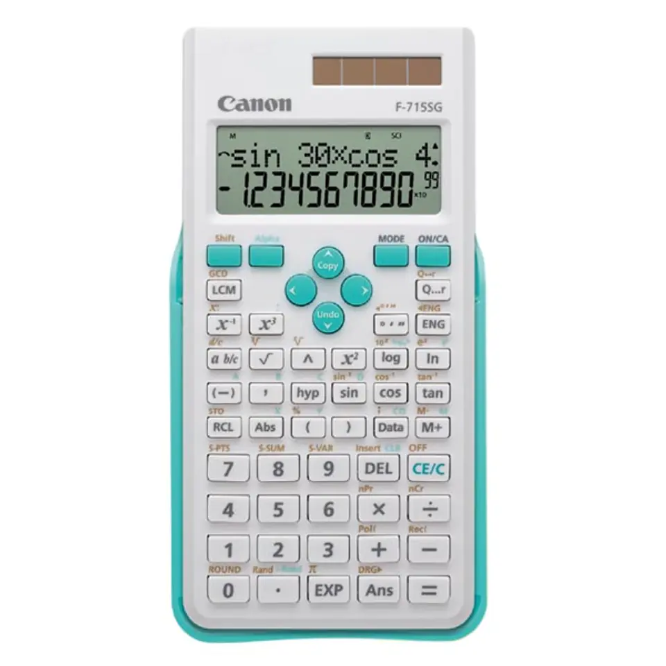 ⁨Canon Kalkulator F-715SG, biała, szkolny, 12 cyfr, obudowa z niebieskim wykończeniem⁩ w sklepie Wasserman.eu