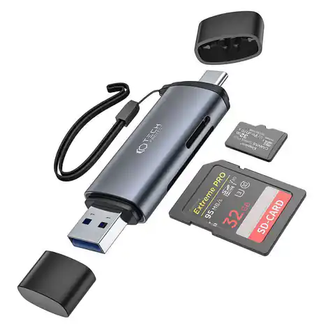 ⁨Adapter USB + USB-C Czytnik Kard SD + microSD Tech-Protect UltraBoost szary⁩ w sklepie Wasserman.eu