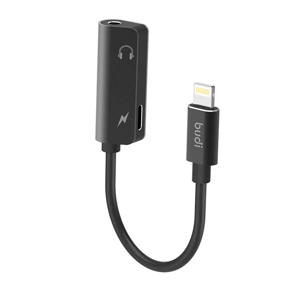 ⁨Adapter Lightning do AUX mini jack 3.5mm + Lightning Budi (czarny)⁩ w sklepie Wasserman.eu