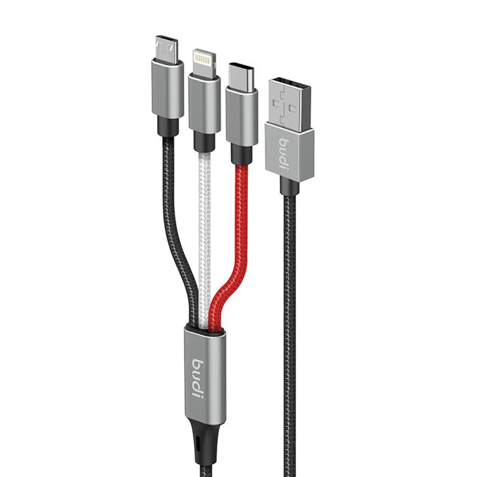 ⁨Kabel 3w1 USB do Lightning / USB-C / Micro USB Budi 2.4A, 1m, oplot (czarny)⁩ w sklepie Wasserman.eu