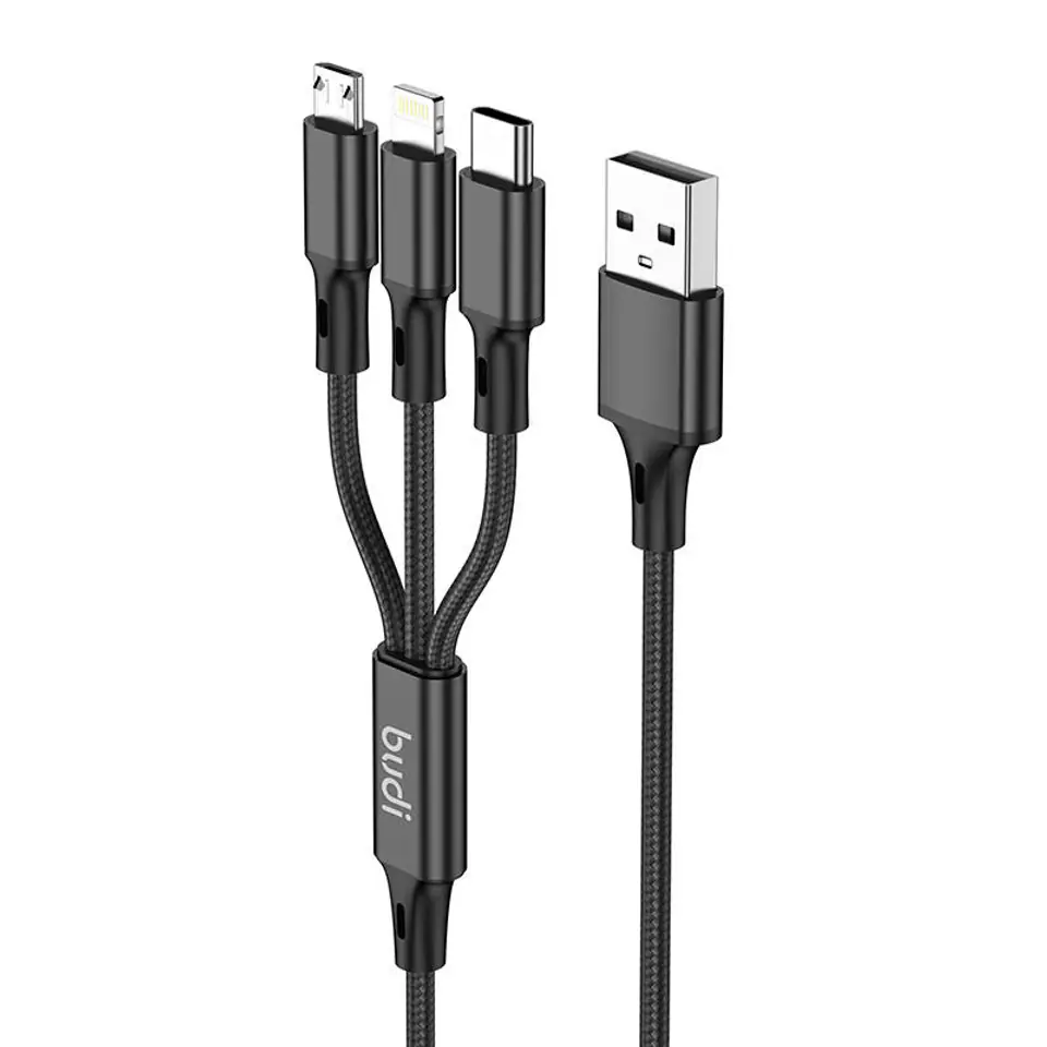 ⁨Kabel 3w1 USB do USB-C / Lightning / Micro USB Budi 1m (czarny)⁩ w sklepie Wasserman.eu