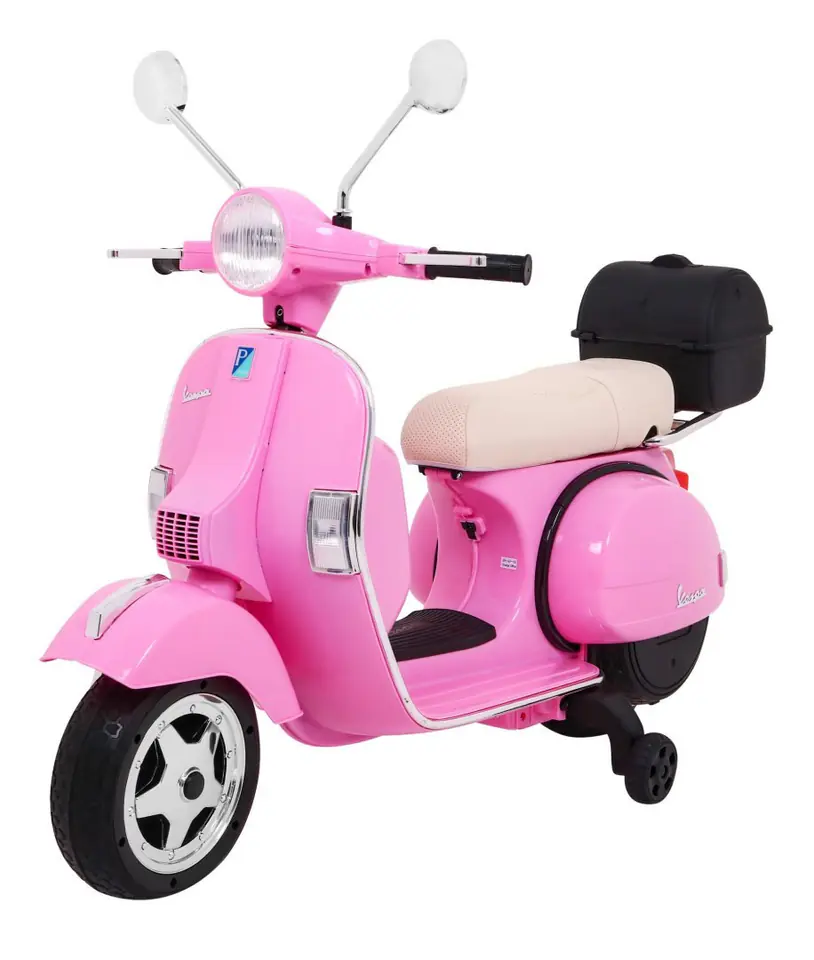 ⁨Skuter Vespa elektryczny dla dzieci Różowy + Kółka pomocnicze + Audio + Ekoskóra + EVA + Wolny Start⁩ w sklepie Wasserman.eu
