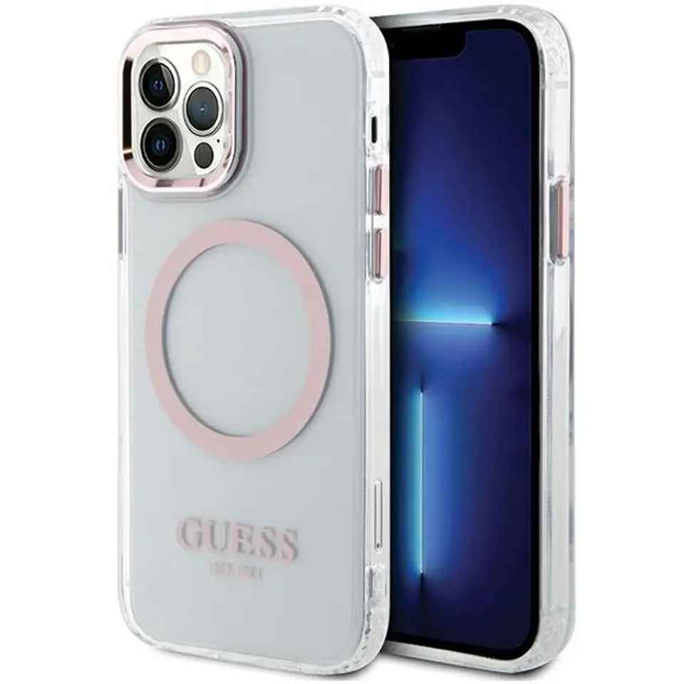 ⁨Guess GUHMP12MHTRMP iPhone 12/12 Pro 6.1" różowy/pink hard case Metal Outline Magsafe⁩ w sklepie Wasserman.eu