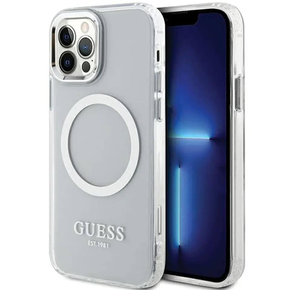 ⁨Guess GUHMP12MHTRMS iPhone 12/12 Pro 6.1" srebrny/silver hard case Metal Outline Magsafe⁩ w sklepie Wasserman.eu