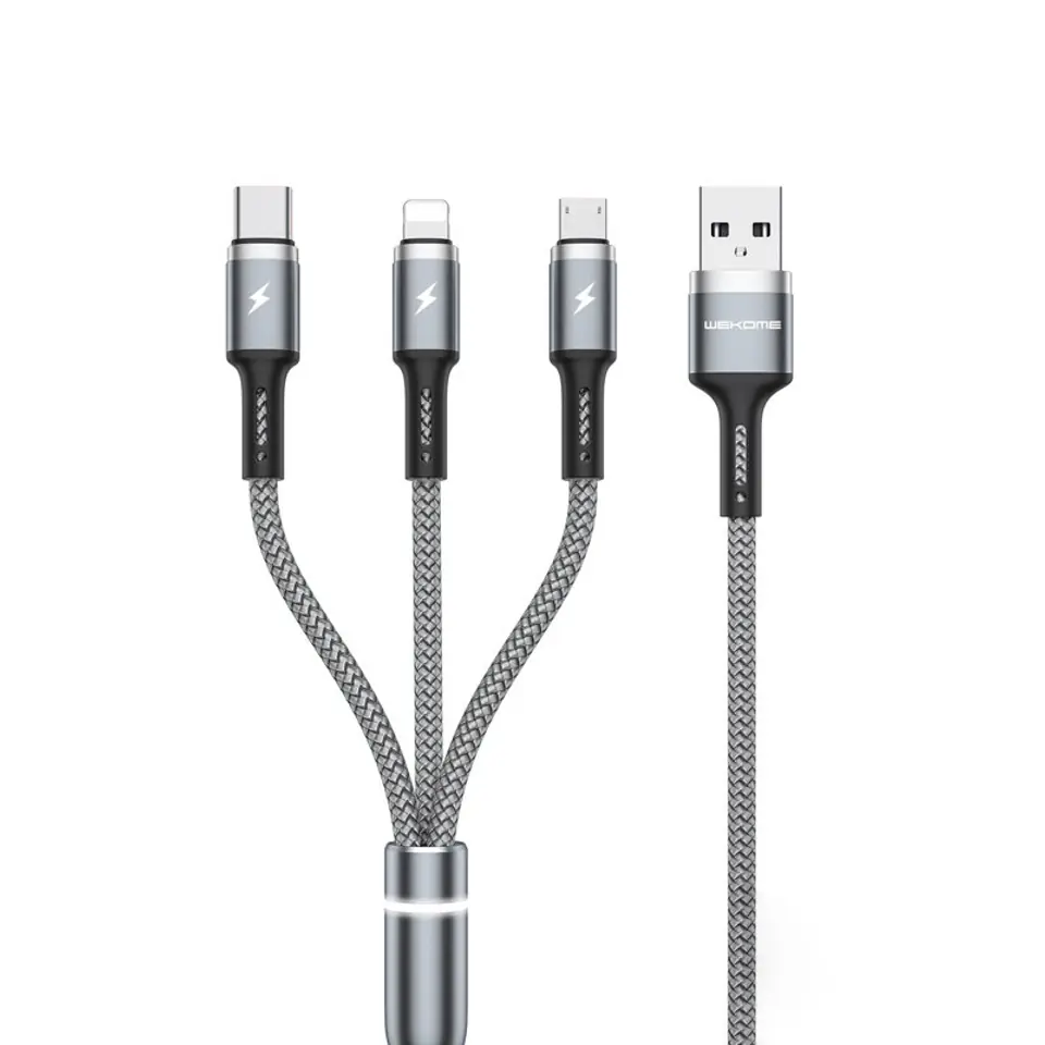 ⁨WEKOME WDC-119 Fython Series - Kabel połączeniowy 3w1 USB-A do Lightning + USB-C + Micro USB PD 1.2 m (Srebrny)⁩ w sklepie Wasserman.eu