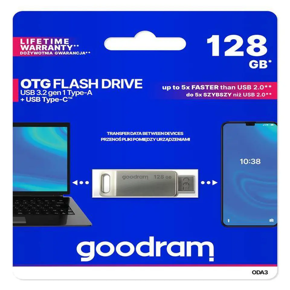 ⁨PenDrive 3.2 GOODRAM ODA3 SILVER 128GB TYPE-A + TYPE-C⁩ w sklepie Wasserman.eu