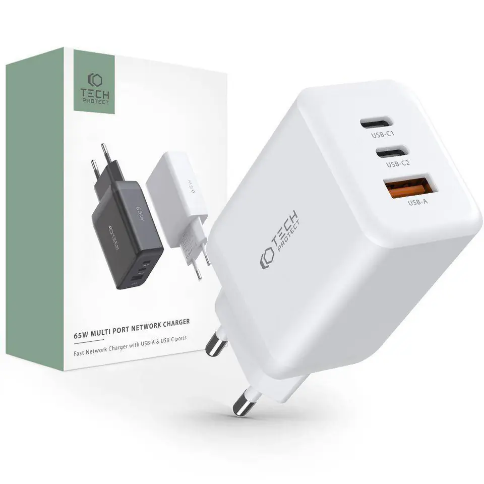 ⁨Ładowarka Sieciowa 65W 2x USB-C PD + QC3.0 USB Tech-Protect C65W biała⁩ w sklepie Wasserman.eu