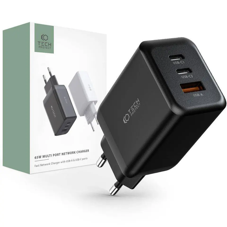 ⁨Ładowarka Sieciowa 65W 2x USB-C PD + QC3.0 USB Tech-Protect C65W czarna⁩ w sklepie Wasserman.eu