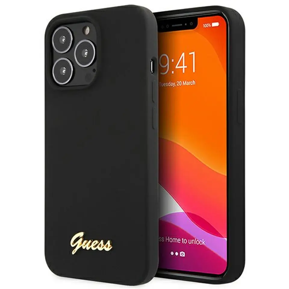 ⁨Guess GUHCP13XLSLMGBK iPhone 13 Pro Max 6.7" black/czarny hardcase Silicone Script Gold Logo⁩ w sklepie Wasserman.eu