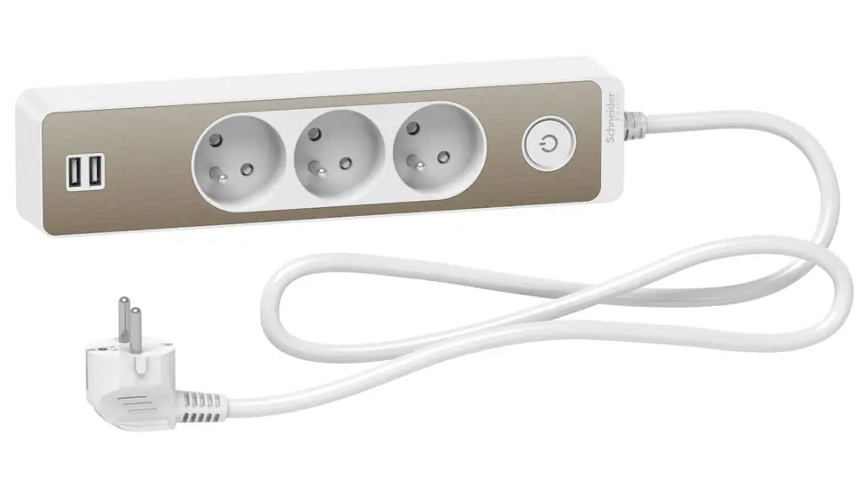 ⁨Odace Przedłużacz 3 gniazdowy z łącznikiem 2x USB, 1,5m biały+szczotkowany brąz ST933U1WB⁩ w sklepie Wasserman.eu