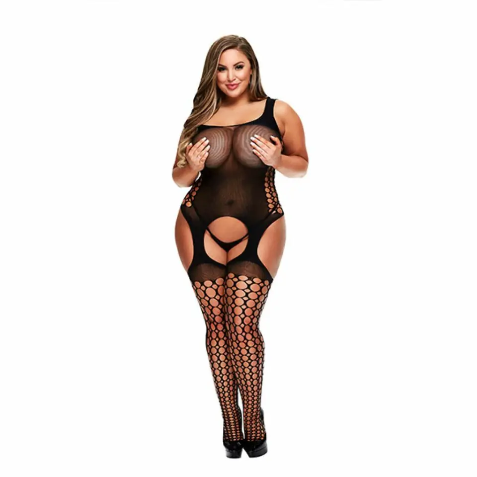 ⁨Baci Bodystocking Queen Size siateczkowy z otwartym krokiem czarny⁩ w sklepie Wasserman.eu