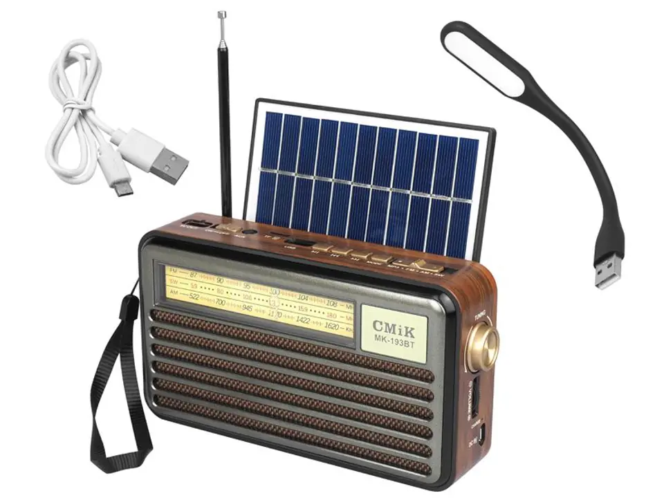 ⁨1 szt. Radio przenośne RETRO z panelem solarnym MK-193BT Bluetooth,USB,TF,lampka LED USB z akumlatorem⁩ w sklepie Wasserman.eu