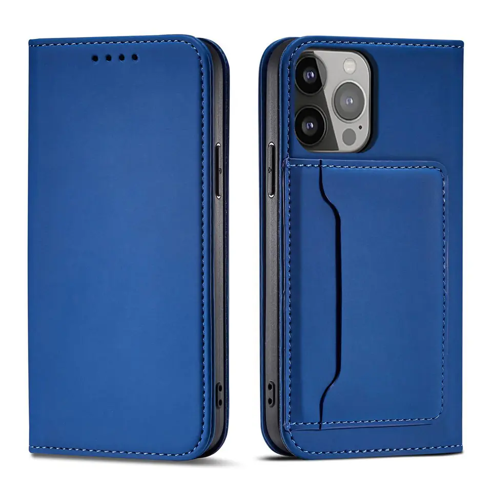 ⁨Magnet Card Case etui iPhone 14 Plus pokrowiec z klapką portfel podstawka niebieskie⁩ w sklepie Wasserman.eu