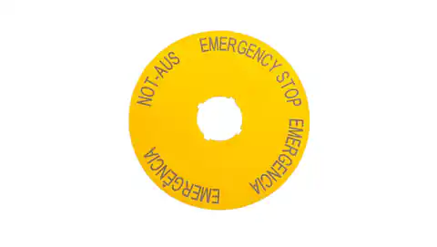 ⁨Tabliczka opisowa żółta okrągła EMERGENCY STOP (4 języki) M22-XAK2 216466⁩ w sklepie Wasserman.eu
