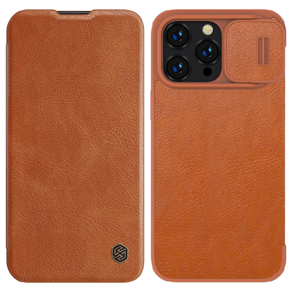 ⁨Nillkin Qin Leather Pro Case etui iPhone 14 Pro osłona na aparat kabura pokrowiec obudowa z klapką brązowy⁩ w sklepie Wasserman.eu