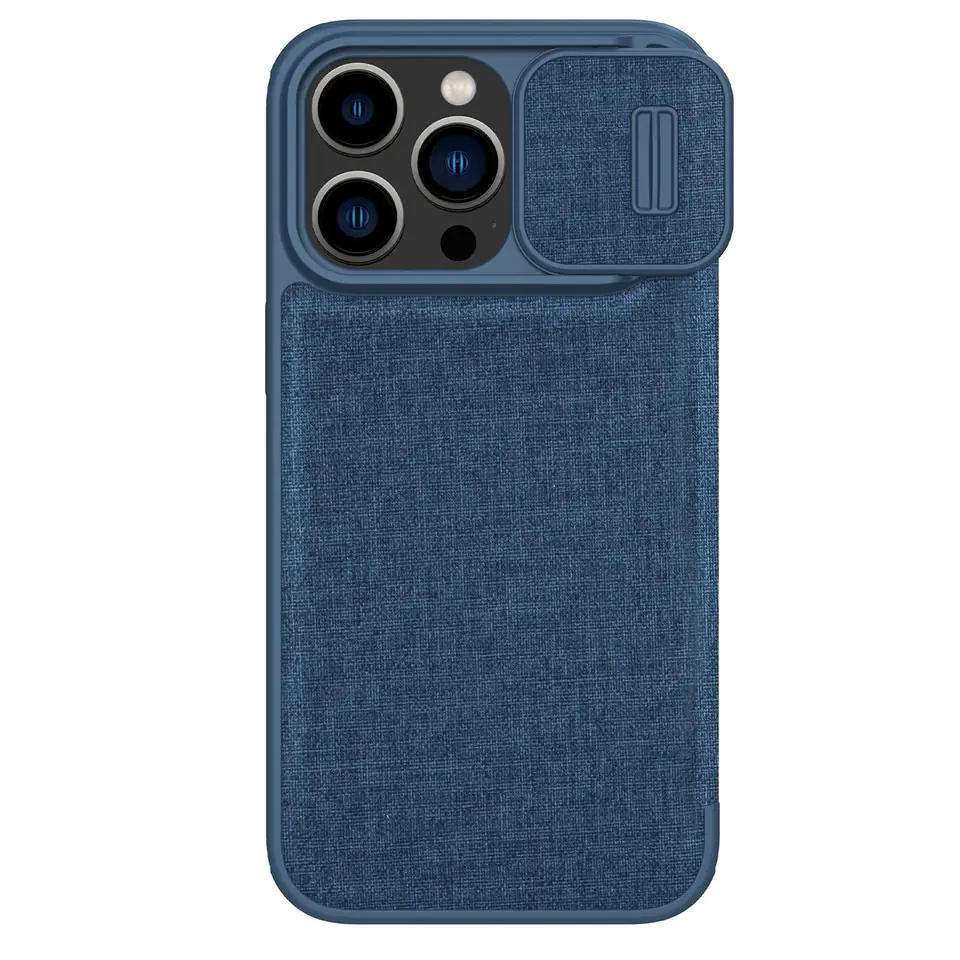 ⁨Nillkin Qin Cloth Pro Case etui do iPhone 14 Pro osłona na aparat kabura pokrowiec obudowa z klapką niebieski⁩ w sklepie Wasserman.eu