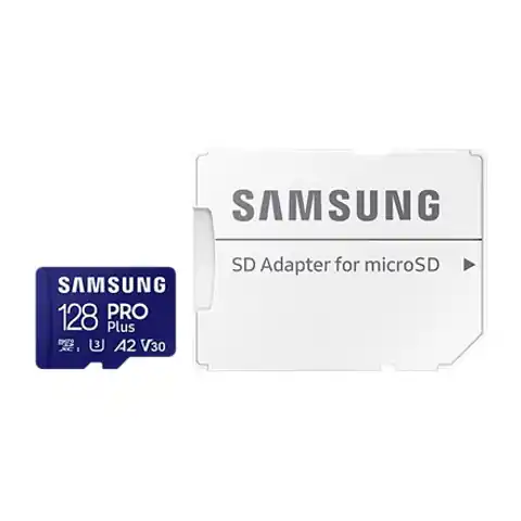 ⁨Karta Samsung MicroSD z adapterem SD PRO Plus 128 GB, karta pamięci microSDXC, pamięć Flash klasa U3, V30, A2, adapter SD⁩ w sklepie Wasserman.eu