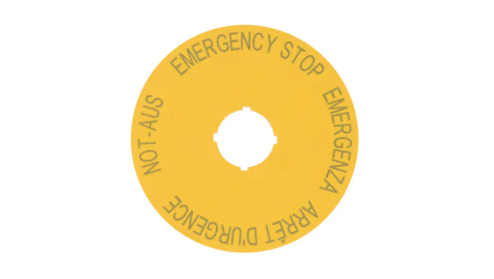 ⁨Tabliczka opisowa żółta okrągła fi90 EMERGENCY STOP M22-XAK1 216465⁩ w sklepie Wasserman.eu