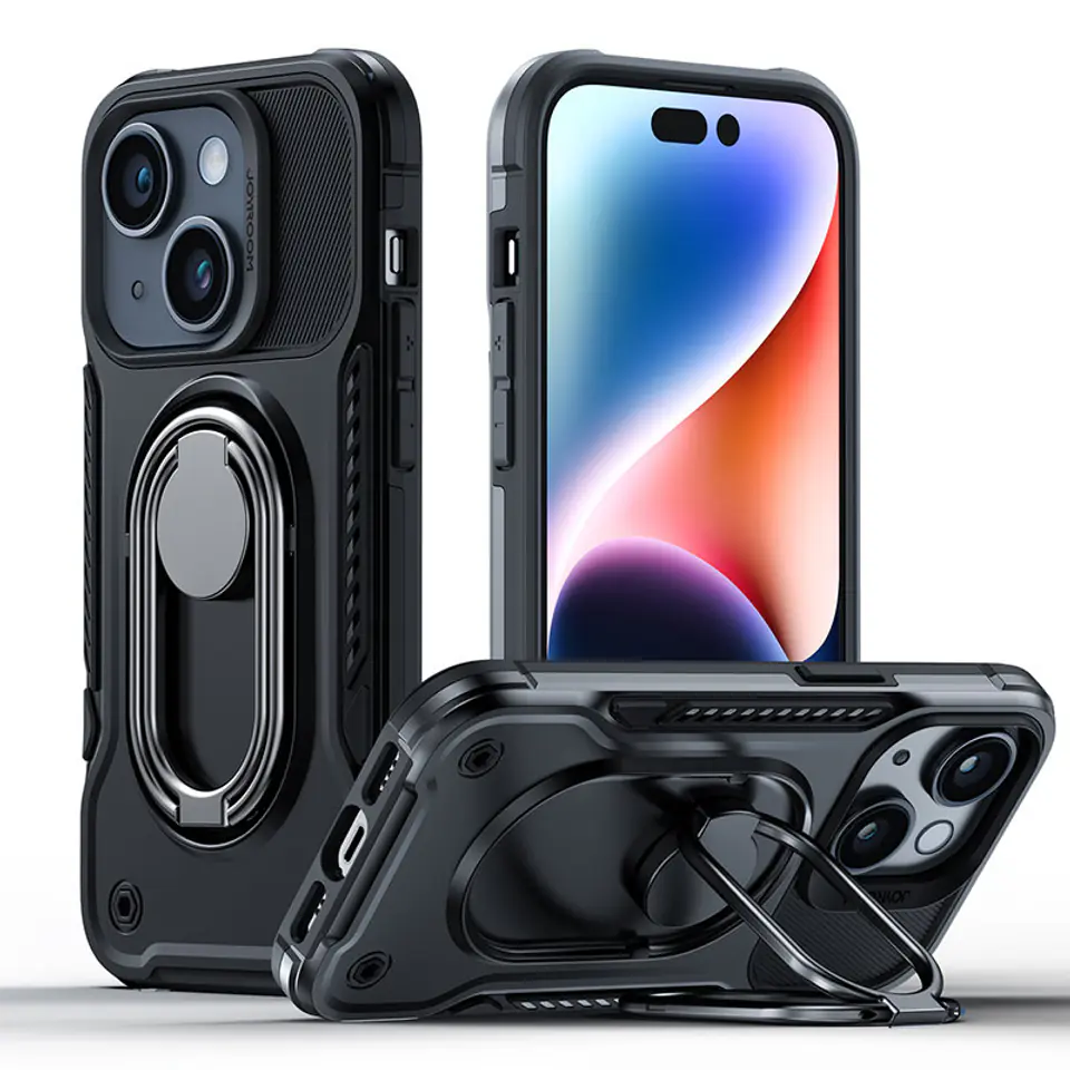 ⁨Joyroom Dual Hinge etui iPhone 14 pancerny pokrowiec z podstawką uchwytem ring holder czarne⁩ w sklepie Wasserman.eu