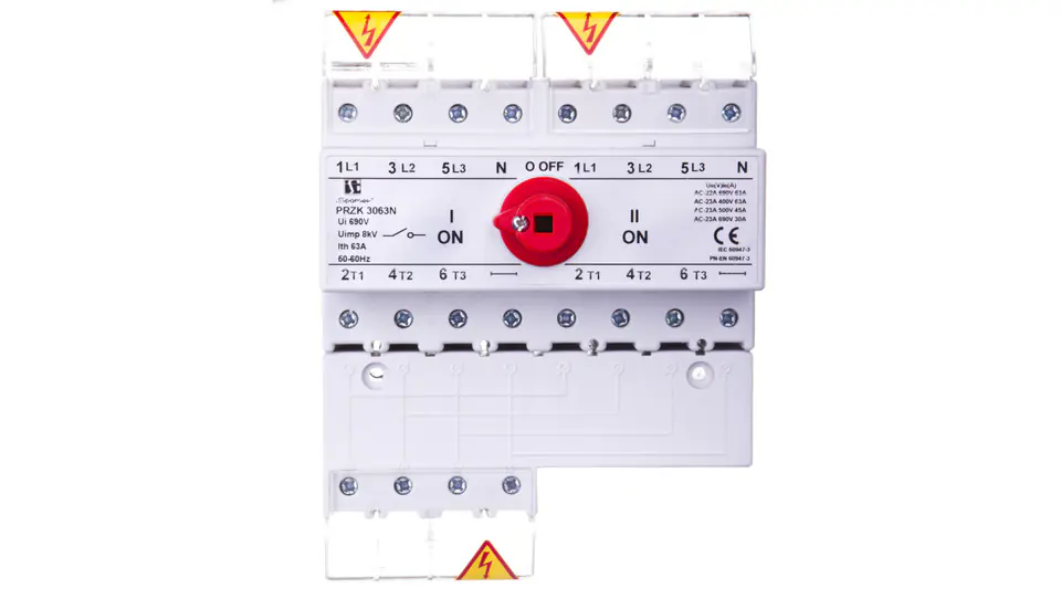 ⁨Przełącznik sieć-agregat 63A 3P+N (biegun N nierozłączalny) PRZK-3063NW01⁩ w sklepie Wasserman.eu