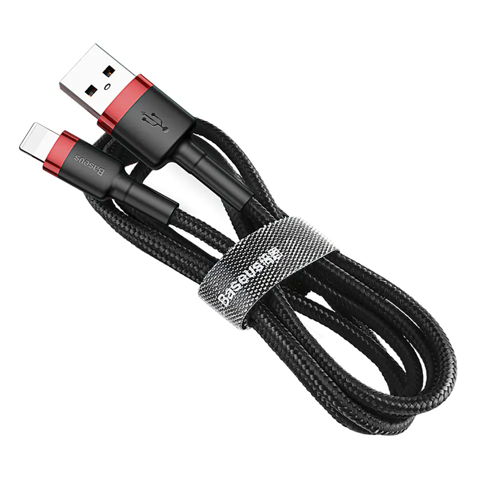 ⁨Baseus Cafule Cable wytrzymały nylonowy kabel przewód USB / Lightning QC3.0 2.4A 1M czarno-czerwony (CALKLF-B19)⁩ w sklepie Wasserman.eu