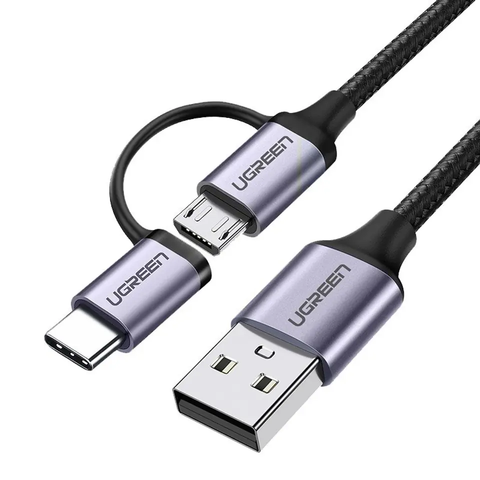 ⁨Ugreen kabel przewód 2w1 USB - micro USB / USB Typ C 1m 2,4A czarny (30875)⁩ w sklepie Wasserman.eu