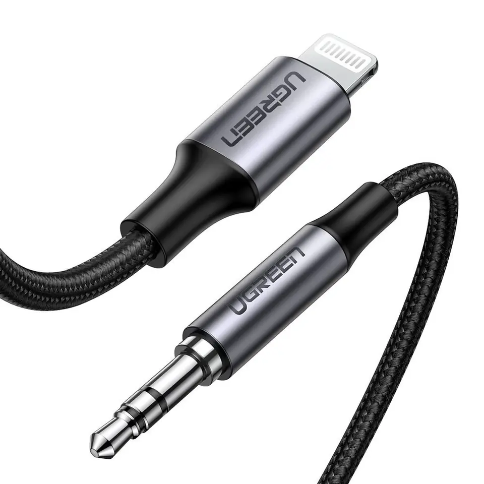 ⁨Kabel przewód audio AUX do iPhone MFI Lightning - 3.5 mmmini jack 1m szary⁩ w sklepie Wasserman.eu