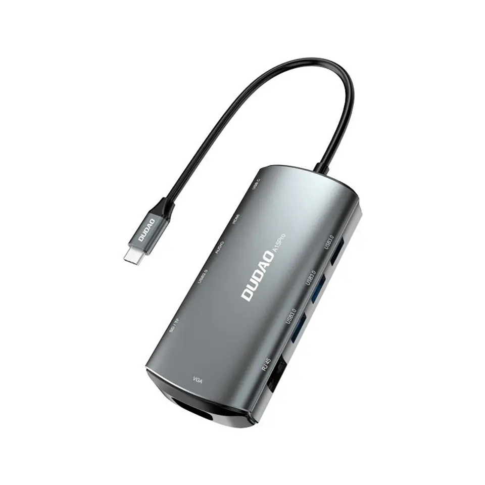 ⁨Dudao 11w1 wielofunkcyjny HUB USB Typ C - USB Typ C PD 60 W / HDMI / 3,5 mm mini jack / 1x USB 2.0 / czytnik kart SD micro SD / VGA / RJ45 / 3x USB 3.2 Gen 1 szary (A15Pro grey)⁩ w sklepie Wasserman.eu