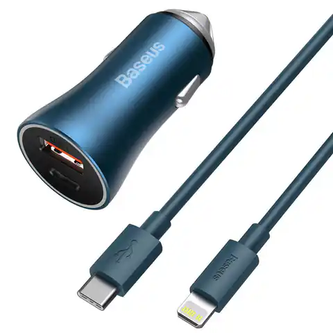 ⁨Baseus Golden Contactor Pro Car Charger, USB + USB-C, QC4.0+, PD, SCP, 40W (blue) + USB-C to Lightning cable 1m (blue)⁩ at Wasserman.eu